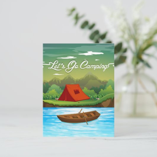 Kampeerterrein met tent en boot briefkaart (Staand voorkant)