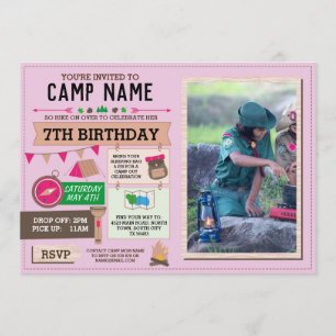 KAMPEL Camp Out Photo BIRTHDAY PARTY Girls Pink Kaart