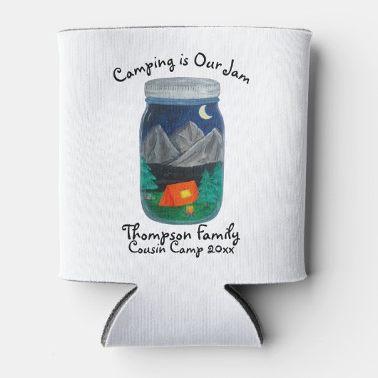 Kamperen is Onze Jam Tent en bergen in Jar Blikjeskoeler (Voorkant)