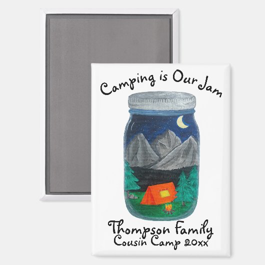 Kamperen is Onze Jam Tent en bergen in Jar Magneet (Voorkant / Achterkant)