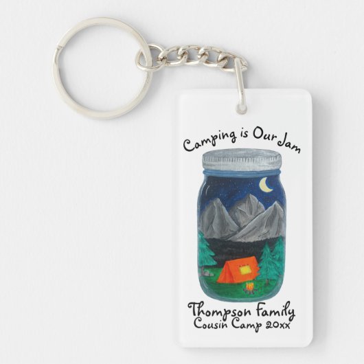 Kamperen is Onze Jam Tent en bergen in Jar Sleutelhanger (Voorkant)