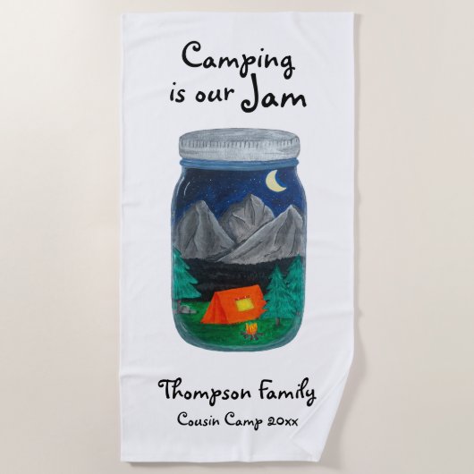 Kamperen is Onze Jam Tent en bergen in Jar Strandlaken (Voorkant)