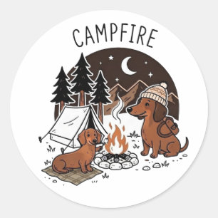 Kampvuur Dachshund Honden Kamperen Nacht Ronde Sticker