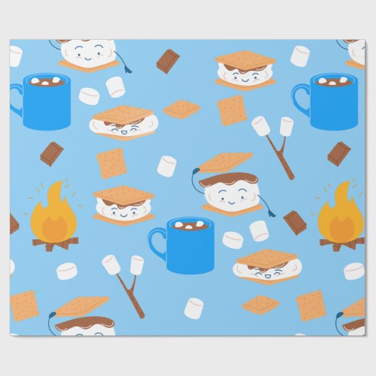 Kampvuur Marshmallow Chocolate Smores Blauw Cadeaupapier (Vlak)