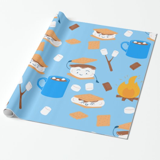 Kampvuur Marshmallow Chocolate Smores Blauw Cadeaupapier (Uitgerold)