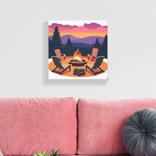 kampvuurzonsondergang | Natuur Camping Schilderen Canvas Afdruk (Insitu (Woonkamer))