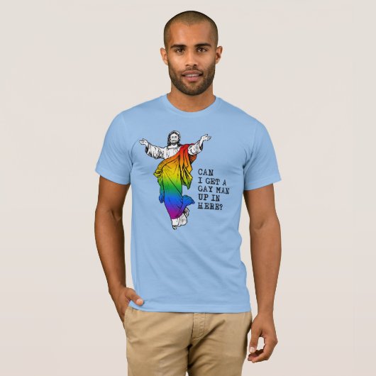 Kan ik hier een homo man krijgen? t-shirt (Voorkant volledig)
