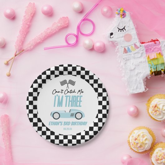 Kan me niet vangen Blue Race Car 3e verjaardagsfee Papieren Bordje (Feest)