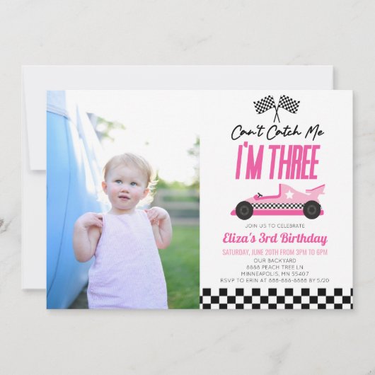 Kan me niet vangen Roze Race Auto 3e Verjaardagsfe Kaart (Voorkant)