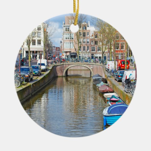 Kanaal Amsterdam met boten Keramisch Ornament (Voorkant)