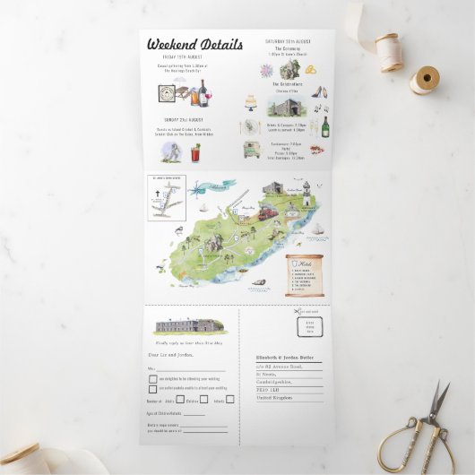 Kanaaleilanden | Geïllustreerd Huwelijk Drieluik Uitnodiging (Binnen)