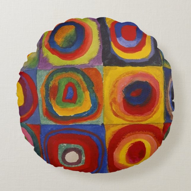 Kandinsky Kleuronderzoek Vierkanten Kleurrijke Vie Rond Kussen (Voorkant)