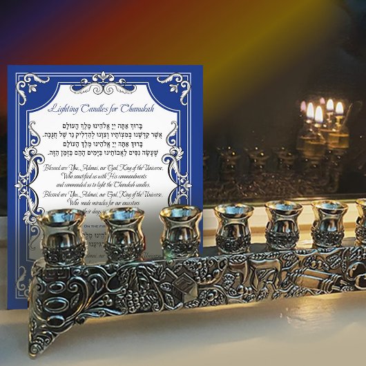 Kandle Light Blessing Hanukkah Hebrew English Blue Foto Afdruk