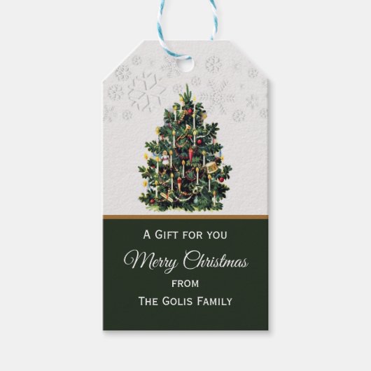 Kandlelit Vintage-kerstboom met sneeuwvlokken Cadeaulabel (Voorkant)