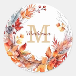 Kaneel Herfstbladeren Krans Monogram Ronde Sticker