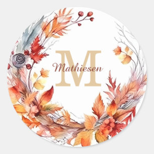 Kaneel Herfstbladeren Krans Monogram Ronde Sticker