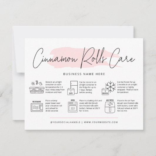 Kaneel Rolls Care & ReHeating Guide Roze Bakkerij Bedankkaart (Voorkant)