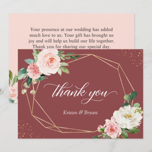 Kaneel Roos Blush Bloemen Goud Geometrisch Bruilof Bedankkaart (Voorkant / Achterkant)