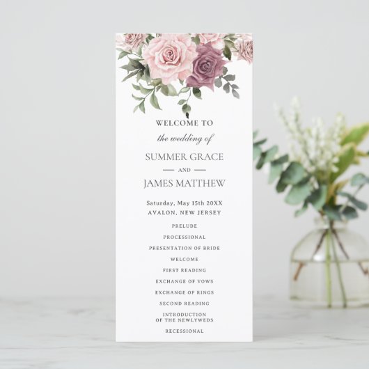 Kaneel Roos Blush Bloemen Groen Boho Bruiloft Programmakaart (Staand voorkant)