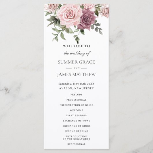 Kaneel Roos Blush Bloemen Groen Boho Bruiloft Programmakaart (Voorkant)