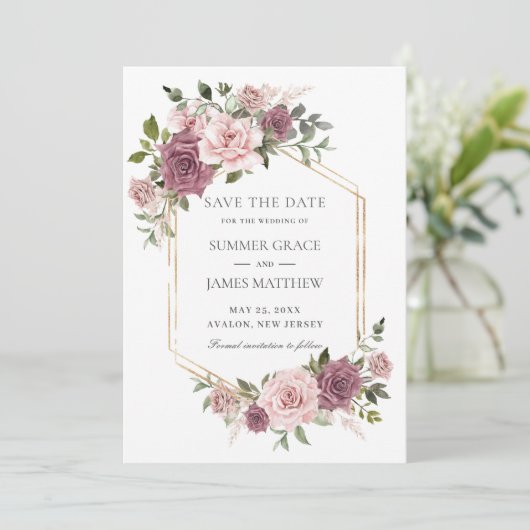 Kaneel Roos Blush Bloemen Groen Boho Bruiloft Save The Date (Staand voorkant)