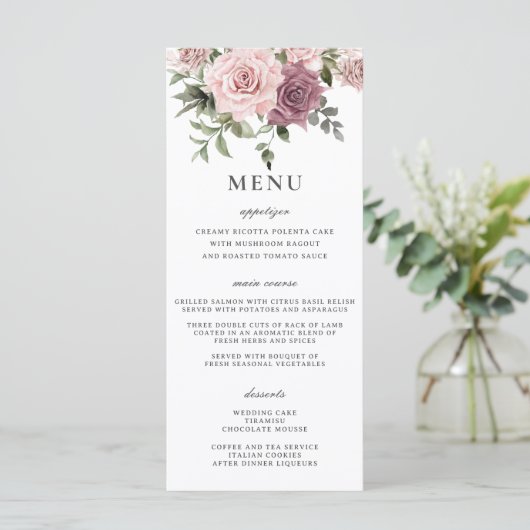 Kaneel Roos Blush Bloemen Groen Bruiloft Menu (Staand voorkant)