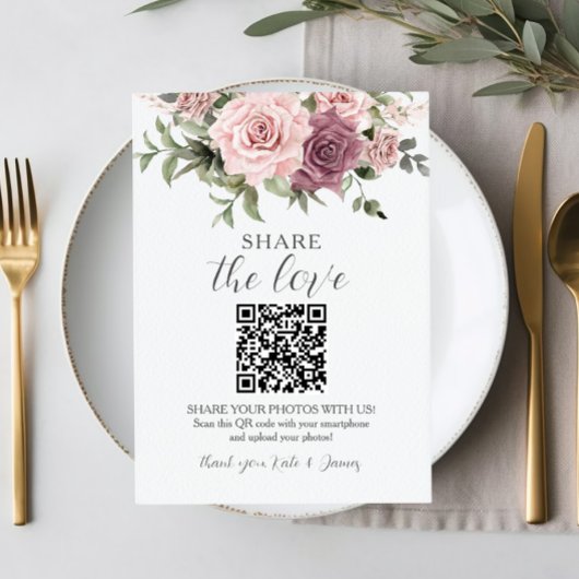 Kaneel Roos Blush Floral QR Foto's delen Bruiloft Bedankkaart