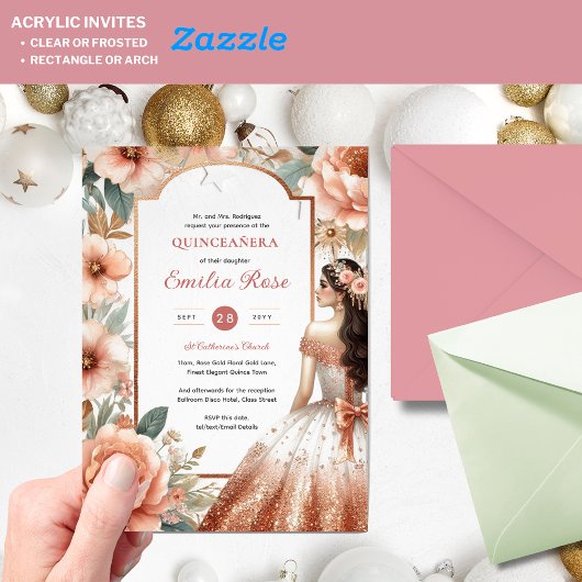 Kaneel Roos Goud Quinceañera Jurk Floral Quince Acryl Uitnodigingen