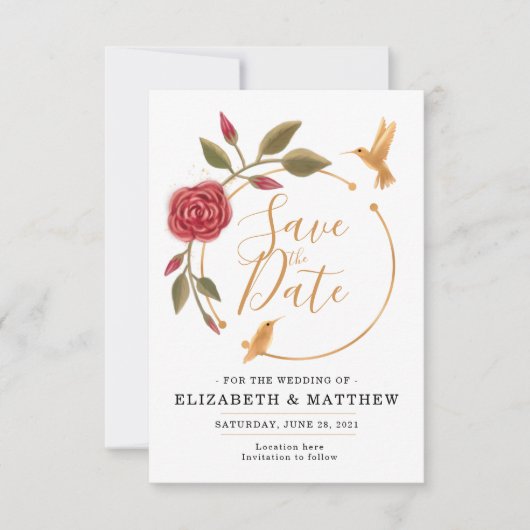 Kaneel Roos Roze en Goud op Witte Bloemen Save The Date (Voorkant)