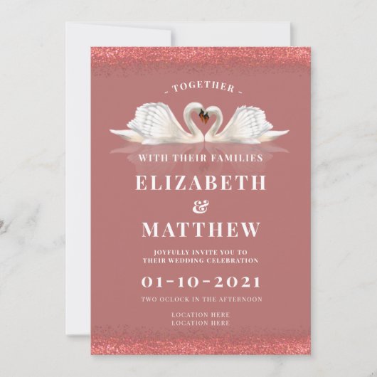 Kaneel Roos roze kleur thema met zwanen bruiloft Kaart (Voorkant)