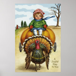 Kaneelbruine Kerstman Jongen Rijdt op Pompoen Poster