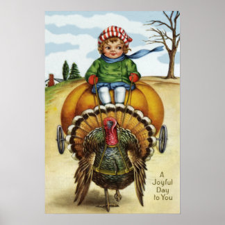Kaneelbruine Kerstman Jongen Rijdt op Pompoen Poster
