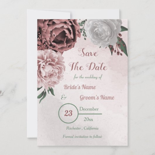 kaneelroze witte bloemige groen save the date (Voorkant)
