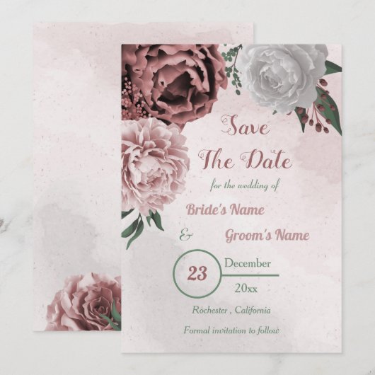 kaneelroze witte bloemige groen save the date (Voorkant / Achterkant)