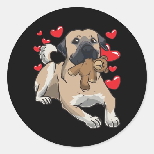 Kangal hond met knuffeldier en veel harten ronde sticker (Voorkant)
