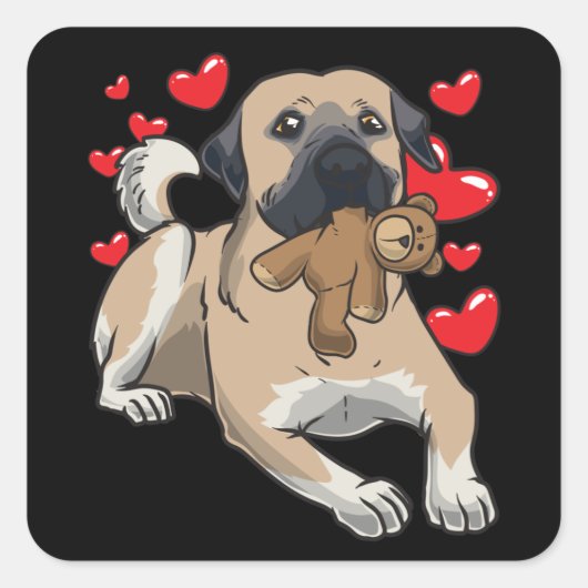 Kangal hond met knuffeldier en veel harten vierkante sticker (Voorkant)