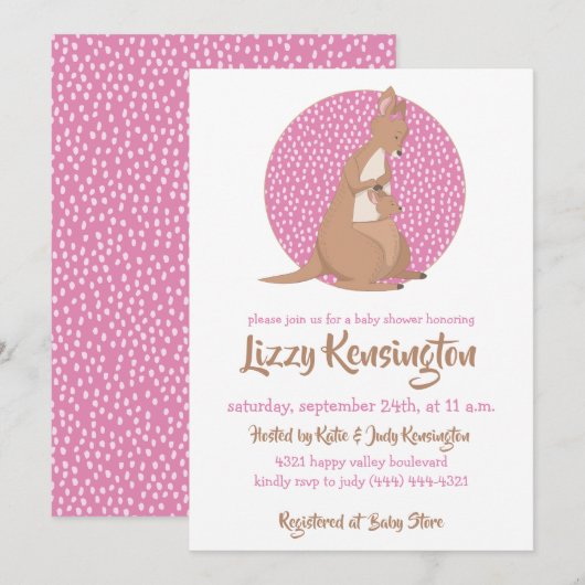 Kangaroo Baby Girl Shower Pink Patroon Kaart (Voorkant / Achterkant)