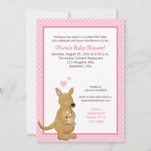 Kangaroo Baby shower Uitnodiging met roze Stippen (Voorkant)