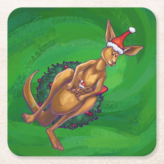 Kangaroo Kerstmis op gekleurd groen terug Kartonnen Onderzetters (Voorkant)