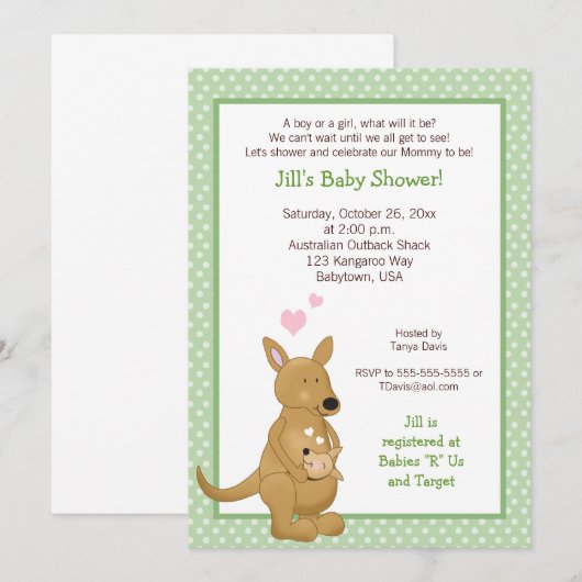 Kangaroo Neutraal Baby shower Invitation Green Kaart (Voorkant / Achterkant)