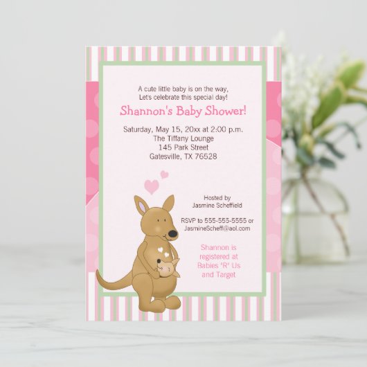 Kangaroo Roze Uitnodiging voor mammie (Staand voorkant)