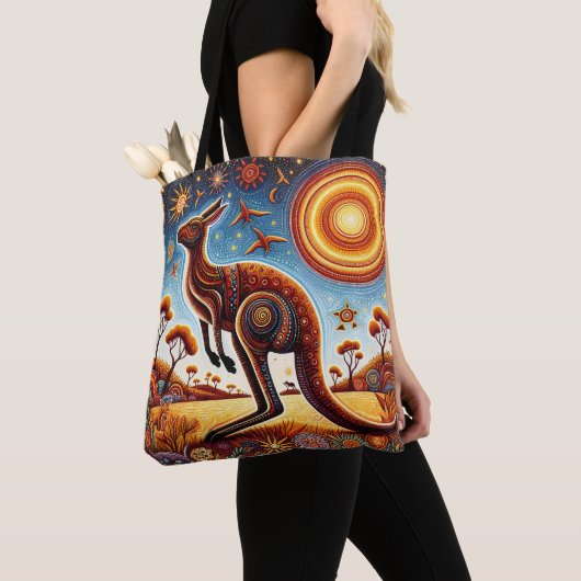 Kangoeroe Aussie Aboriginal Art stijl Wildlife Tote Bag (Dichtbij)
