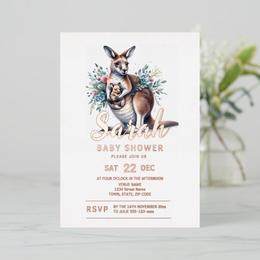Kangoeroe-Baby shower Folie Uitnodiging (Staand Voorkant)