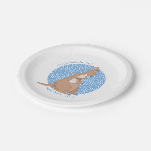 Kangoeroe Baby shower Tan en Blauw Patroon Papieren Bordje (Gekanteld)