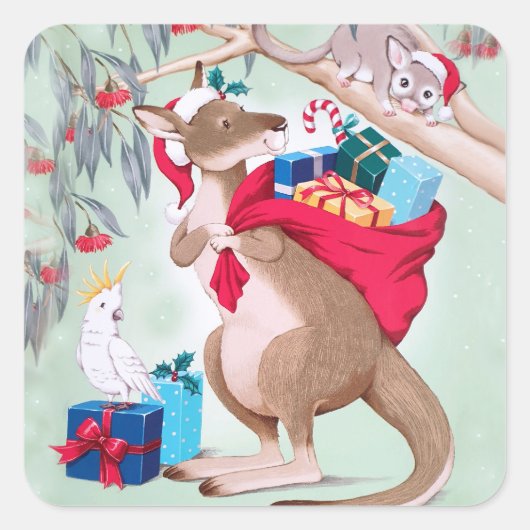 Kangoeroe Kerstmis - Australische Kerstmis Kunst Vierkante Sticker (Voorkant)