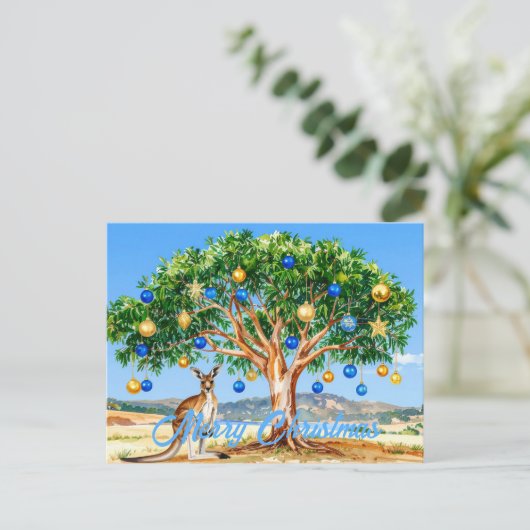 Kangoeroe onder gumtree met kerstballen briefkaart (Staand voorkant)