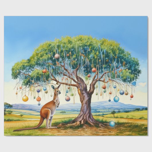 Kangoeroe onder gumtree met kerstballen cadeaupapier (Vlak)