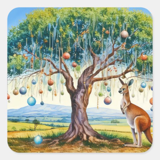 Kangoeroe onder gumtree met kerstballen vierkante sticker (Voorkant)
