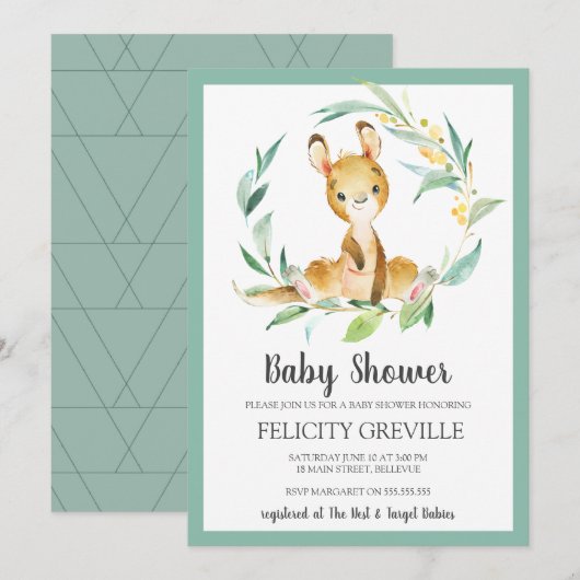 Kangoeroe Struik Baby | Baby douche uitnodigingen (Voorkant / Achterkant)