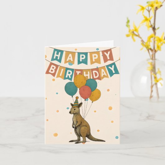 Kangoeroe Verjaardag Kaart - Leuk Dier Met Ballonn (Gele Bloem)